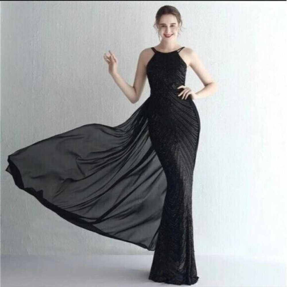 Black, O Neck Sleeveless,  Detachable Skirt, Contrast Sequined Mermaid G…